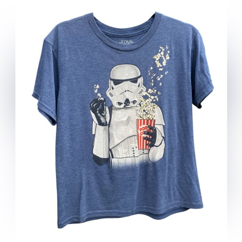Women’s MAD Engine Blue Star‎ Wars Tee with Stormtrooper and Popcorn MED Y2K